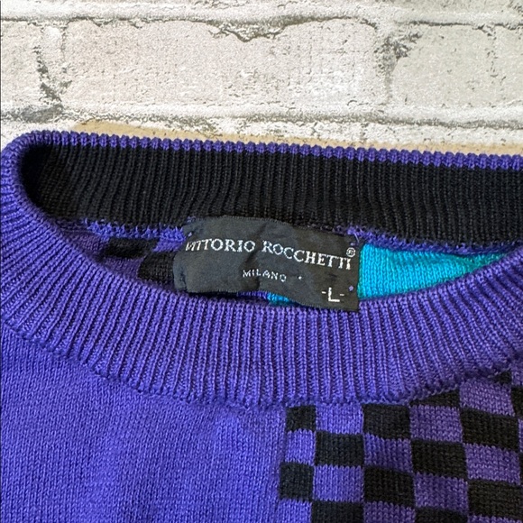 VINTAGE Vittorio Rocchetti mens L Large purple crazy 80s cotton crewneck sweater - Picture 2 of 6